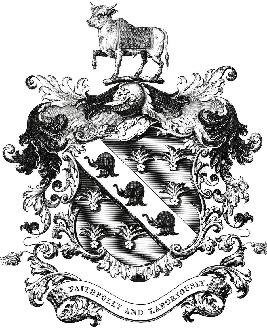 The Sunkersett Family Coat Of Arms — Granted In Recognition Of The Family's Civic Contributions, The Design Combines Traditional Indian Heritage With Maritime And Industrial Symbols Of Early Bombay.