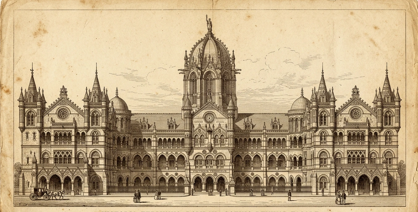 Victoria Terminus 19th-century architectural elevation engraving